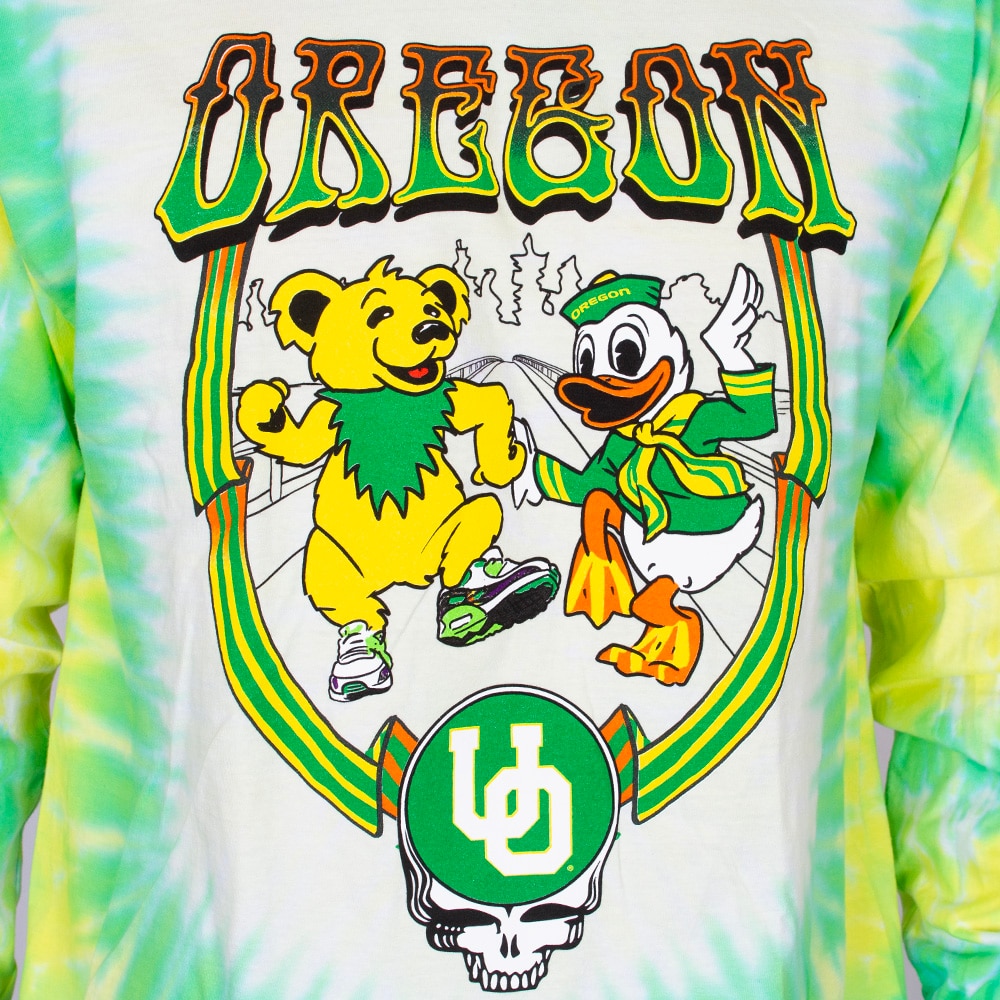 Autzen Stadium, Green, Long Sleeve, Cotton, Men, Unisex, Football, Class Trip, Grateful Dead, Yellow Bear, Oregon mascot, T-Shirt, 996551